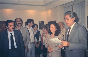 The Opening of “From the Shadows of September” in 12 September 1988 at Olusum Art House, in Ankara.In this picture (from left to right): Akın Birdal, Yavuz Önen, Poet Adnan Yücel, Jülide Gülizar, Alime Mitap and Nevzat Helvacı.
